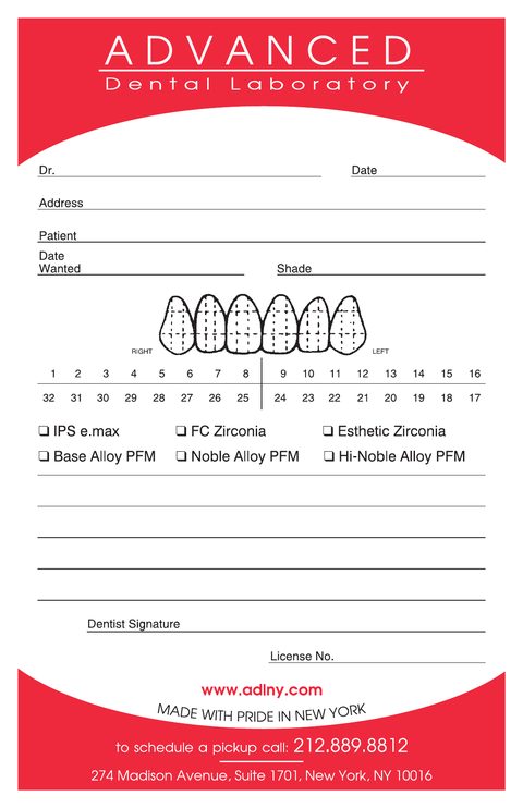 Page 1 of the Advanced Dental Laboratory Rx form: doctor, patient, shade and tooth chart fields with material checkboxes