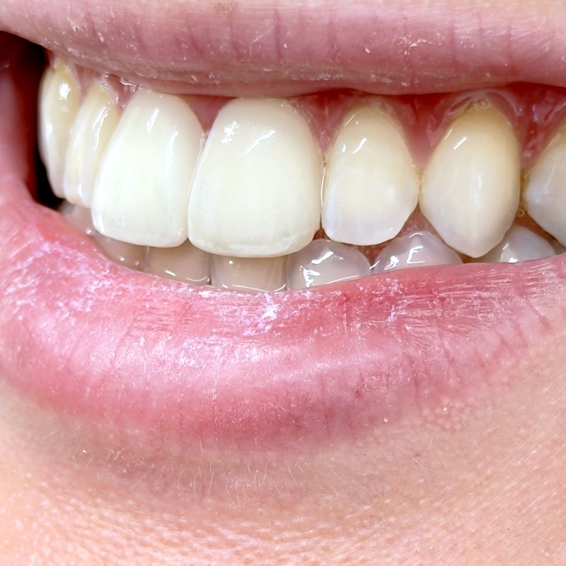 Close-up of a smile with porcelain veneers, side view, lips and teeth only